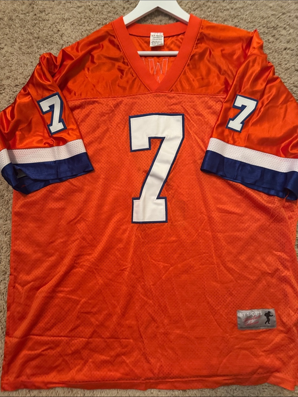 Men's Hall of Famer, John Elway, Broncos 7 Football Jersey with Blue Sleeve Trim